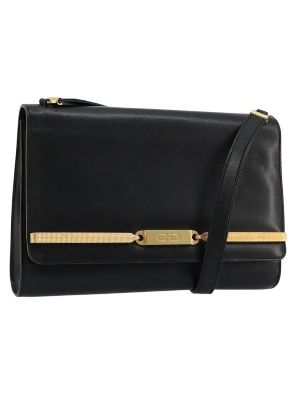 Authentic Christian Dior Shoulder Bag Leather Black Gold